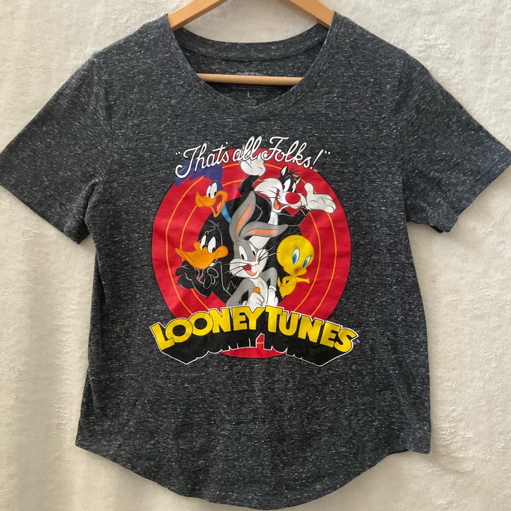 🌼4/$10🌼 LOONEY TUNES “Thats All Folks” Cartoon Character Vneck Tee Junior Large